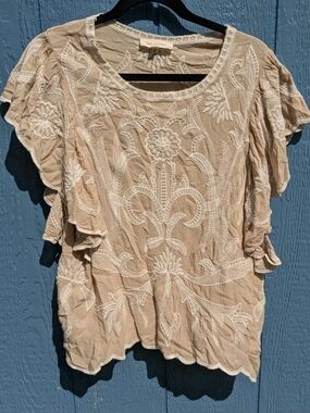 Solitaire Beige Embroidered Ruffle-Sleeve Women's Blouse